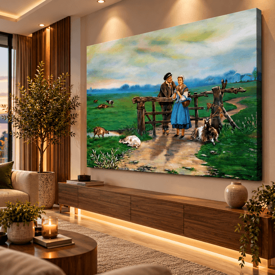 Ressam Ela El Yapımı Yağlı Boya Tablo – Geleneksel Kır Yaşamı ve Çoban Çifti Manzarası | Ela TAMAMEN YAGLI BOYA İMZALI TABLO - 2