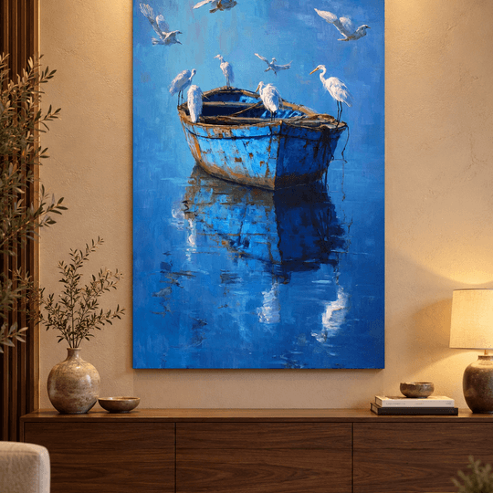 Ressam Ela – Mavi Sandal ve Deniz Kuşları El Yapımı Yağlı Boya Tablo TAMAMEN YAGLI BOYA İMZALI TABLO - 2