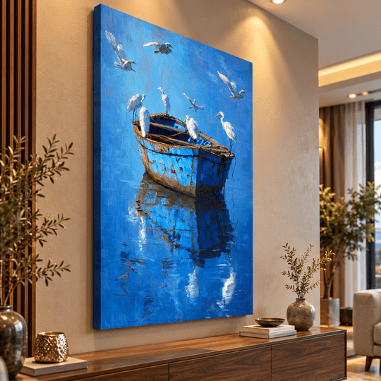 Ressam Ela – Mavi Sandal ve Deniz Kuşları El Yapımı Yağlı Boya Tablo TAMAMEN YAGLI BOYA İMZALI TABLO