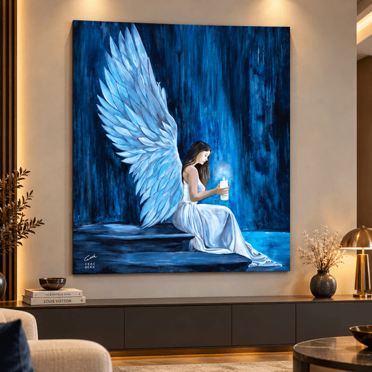 Ressam Ela – Mavi Kanatlı Melek El Yapımı Yağlı Boya Dekoratif Duvar Tablosu TAMAMEN YAGLI BOYA İMZALI TABLO