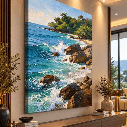 Ressam Ela – Turkuaz Deniz ve Kayalık Sahil El Yapımı Yağlı Boya Tablo TAMAMEN YAGLI BOYA İMZALI TABLO - 2
