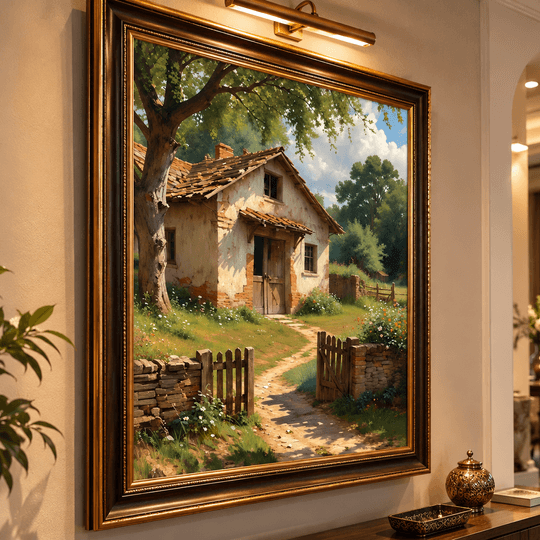 Ressam Ela – Nostaljik Köy Evi ve Bahçe Manzarası El Yapımı Yağlı Boya Tablo TAMAMEN YAGLI BOYA İMZALI TABLO
