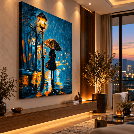 Ressam Ela El Yapımı Yağlı Boya Tablo – Yağmurlu Sokakta Şemsiyeli Kadın, Modern Şehir Manzarası Duvar Dekoru | Ela TAMAMEN YAGLI BOYA İMZALI TABLO
