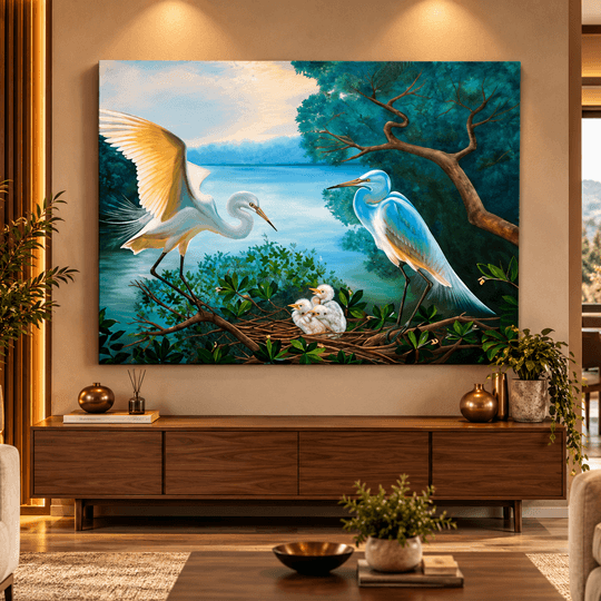 Ressam Ela El Yapımı Yağlı Boya Tablo – Balıkçıl Kuşlar ve Yavru Kuşlar Göl Manzarası | Ela Canvas TAMAMEN YAGLI BOYA İMZALI TABLO - 2
