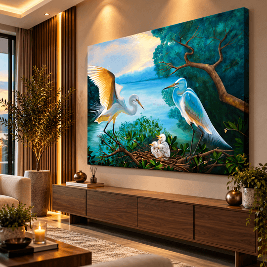 Ressam Ela El Yapımı Yağlı Boya Tablo – Balıkçıl Kuşlar ve Yavru Kuşlar Göl Manzarası | Ela Canvas TAMAMEN YAGLI BOYA İMZALI TABLO