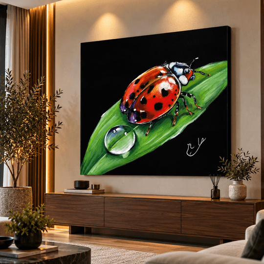 Ressam Ela El Yapımı Yağlı Boya Tablo – Uğur Böceği ve Su Damlası, Modern Doğa Temalı Duvar Dekoru | Ela Canvas TAMAEMEN YAGLI BOYA İMZALI TABLO - 2