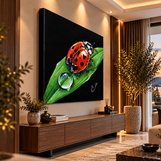 Ressam Ela El Yapımı Yağlı Boya Tablo – Uğur Böceği ve Su Damlası, Modern Doğa Temalı Duvar Dekoru | Ela Canvas TAMAEMEN YAGLI BOYA İMZALI TABLO