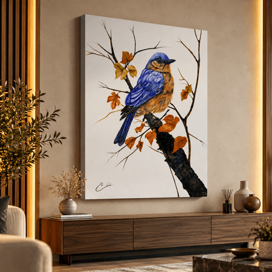 Ressam Ela El Yapımı Yağlı Boya Tablo – Renkli Kuş ve Sonbahar Yaprakları, Doğa Temalı Duvar Dekoru | Ela Canvas TAMAMEN YAGLI BOYA İMZALI TABLO - 2