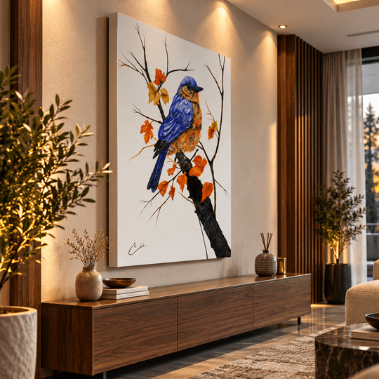 Ressam Ela El Yapımı Yağlı Boya Tablo – Renkli Kuş ve Sonbahar Yaprakları, Doğa Temalı Duvar Dekoru | Ela Canvas TAMAMEN YAGLI BOYA İMZALI TABLO