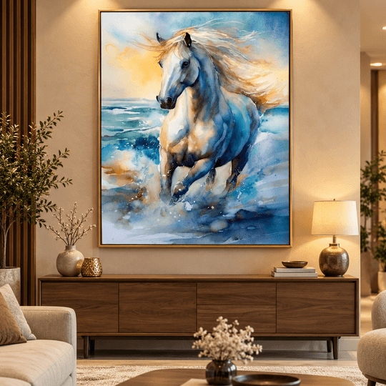 Ressam Ela El Yapımı Yağlı Boya Tablo – Beyaz At ve Mavi Deniz Dalgaları, Modern Duvar Dekoru | Ela Canvas TAMAMEN YAGLI BOYA İMZALI TABLO - 2