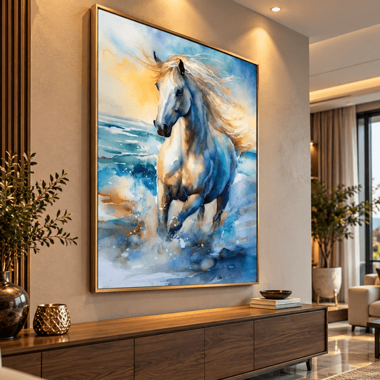 Ressam Ela El Yapımı Yağlı Boya Tablo – Beyaz At ve Mavi Deniz Dalgaları, Modern Duvar Dekoru | Ela Canvas TAMAMEN YAGLI BOYA İMZALI TABLO