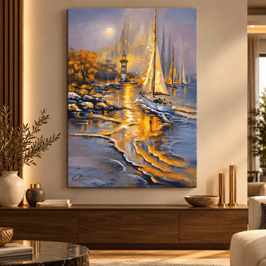 Ressam Ela – Gün Batımında Yelkenliler ve Deniz Feneri El Yapımı Yağlı Boya Tablo TAMAMEN YAGLI BOYA İMZALI TABLO - 2