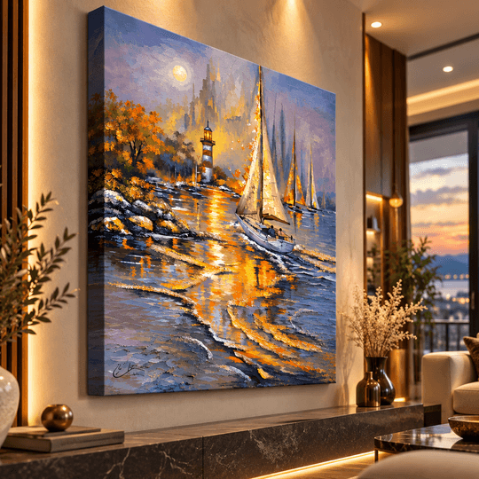 Ressam Ela – Gün Batımında Yelkenliler ve Deniz Feneri El Yapımı Yağlı Boya Tablo TAMAMEN YAGLI BOYA İMZALI TABLO