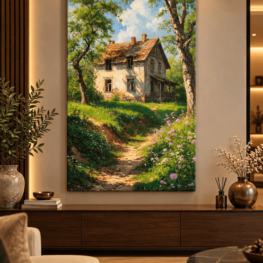 Ressam Ela – Nostaljik Köy Evi ve Çiçekli Bahçe El Yapımı Yağlı Boya Tablo TAMAMEN YAGLI BOYA İMZALI TABLO - 2