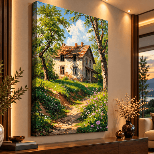 Ressam Ela – Nostaljik Köy Evi ve Çiçekli Bahçe El Yapımı Yağlı Boya Tablo TAMAMEN YAGLI BOYA İMZALI TABLO