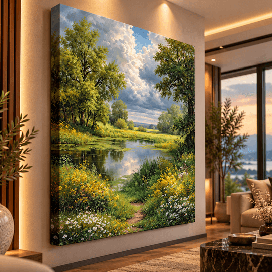 Gölet ve Çiçekli Manzara | RESSAM ELA TAMAMEN YAGLI BOYA İMZALI TABLO