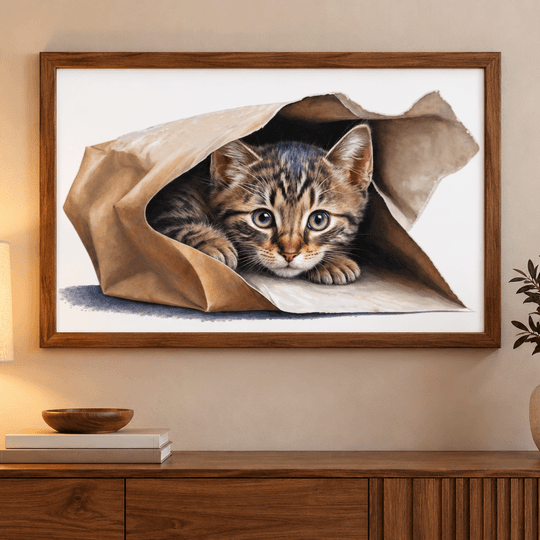 Ressam Ela – Kese Kâğıdındaki Sevimli Kedi El Yapımı Yağlı Boya Dekoratif Duvar Tablosu TAMAMEN YAGLI BOYA İMZALI TABLO