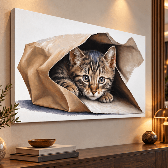 Ressam Ela – Kese Kâğıdındaki Sevimli Kedi El Yapımı Yağlı Boya Dekoratif Duvar Tablosu TAMAMEN YAGLI BOYA İMZALI TABLO - 2