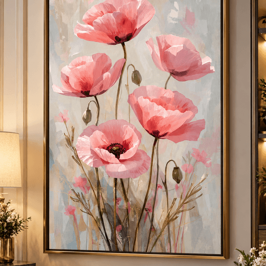 Pembe Gelincik Çiçekleri El Yapımı Yağlı Boya Tablo – Altın Çerçeveli Dekoratif Duvar Tablosu | Ressam Ela TAMAMEN YAGLI BOYA İMZALI TABLO