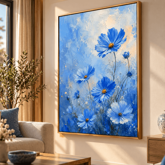 Mavi Çiçekler Yağlı Boya Kanvas Tablo – Ressam Ela TAMAMEN YAGLI BOYA İMZALI TABLO