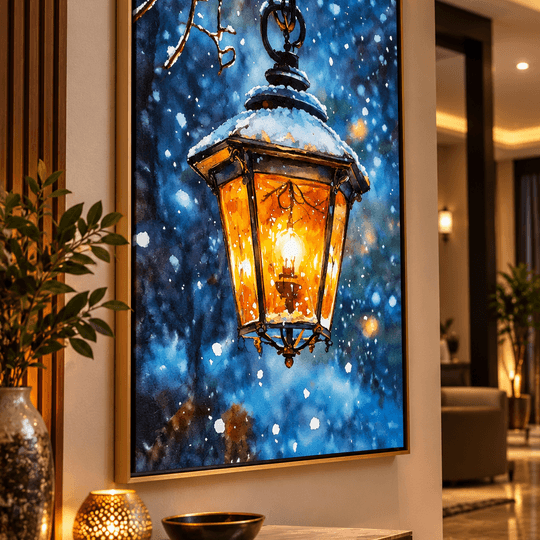 Karlı Sokak Lambası Yağlı Boya Kanvas Tablo – Ressam Ela TAMAMEN EL YAPIMI İMZALI TABLO
