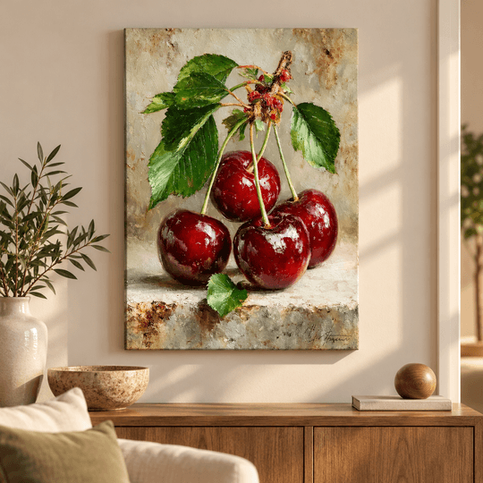 Kırmızı Kirazlar Yağlı Boya Kanvas Tablo – Ressam Ela TAMAMEN YAGLI BOYA İMZALI TABLO