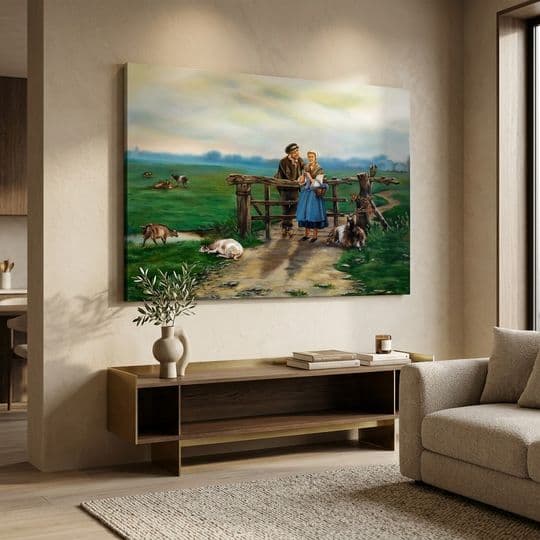 Pastoral Çiftlikte Köylü Çift ve Kuzular Tablosu