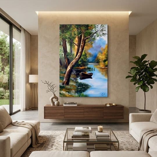 Ormanda Nehir Kenarı ve Ahşap Sandal Tablosu