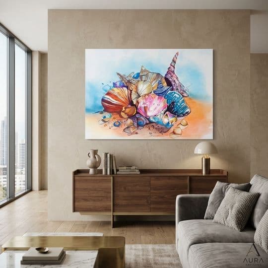 Renkli Deniz Kabukları ve İnciler Sanat Çizimi