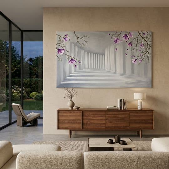 3D Perspektif Sütunlu Salon ve Mor Manolya Duvar Resmi
